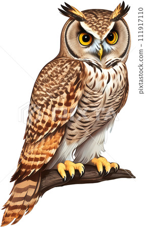 Cartoon illustration of bird owl perch on tree branch, created with generative AI technology Cartoon illustration of bird owl perch on tree branch, created with generative AI technology 111917110
