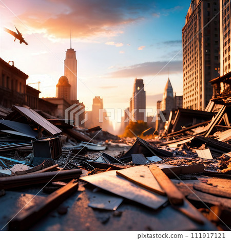 Destroyed building apocalyptic city landscape, created with generative AI technology 111917121
