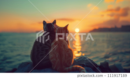 AI-generated content. Two cats enjoying a stunning sunset together on the waterfront AI-generated content. Two cats enjoying a stunning sunset together on the waterfront 111917189