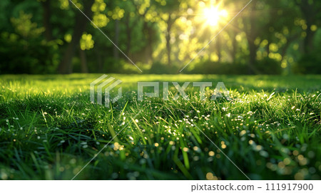 Green lawn and trees background with copyspace. Nature background concept. Generative AI 111917900