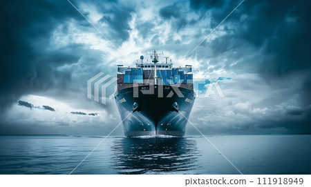 Aerial front view of a loaded container cargo vessel traveling over calm ocean. Generative AI 111918949