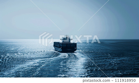 Aerial front view of a loaded container cargo vessel traveling over calm ocean. Generative AI 111918950