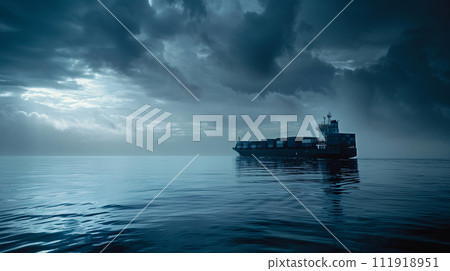 Aerial front view of a loaded container cargo vessel traveling over calm ocean. Generative AI 111918951