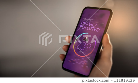 Resilience and Adaptability for Climate Change, Environment Issue, Air Pollution Warning System Alert on Mobile Phone, Bad Air Quality 111919129