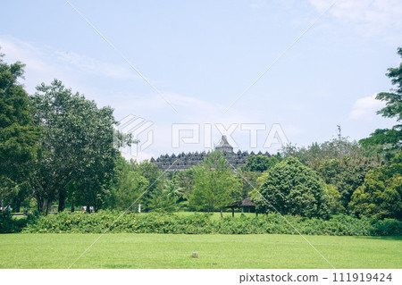 Borobudur ruins in Yogyakarta seen from a distance Borobudur ruins in Yogyakarta seen from a distance 111919424