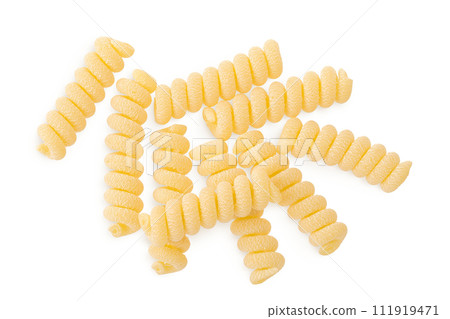 Italian spiral shaped pasta, Fusilli bucati macaroni, isolated on white background. Top view. Flat lay. 111919471
