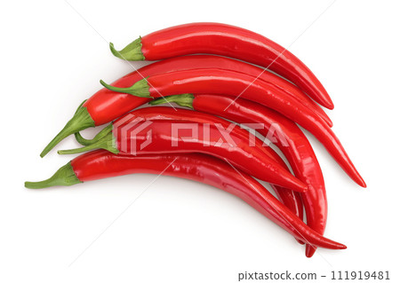 red hot chili pepper isolated on white background. Top view. Flat lay. 111919481