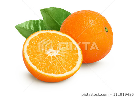 Orange fruit with half isolated on white background with full depth of field 111919486