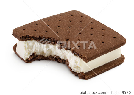 Ice cream sandwich with brown cookies isolated on white background Ice cream sandwich with brown cookies isolated on white background 111919520