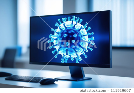 Neon coronavirus on computer screen. Close up PC monitor showing microscopic images of virus cell. Laptop display at medical center on desk with pictures of covid-19. High-Tech research scientific lab 111919607