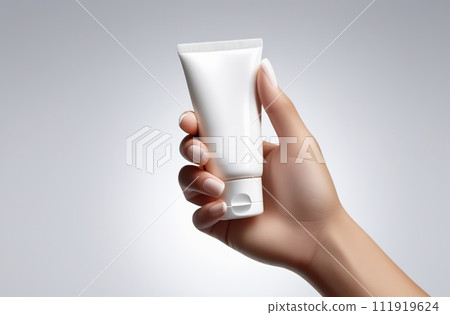 White Cream Package Template in Female Hand. Gray Background. Natural Cosmetics Showing. Beauty Product Mockup. Skincare, Facial mask, Toner. Front View Soft Shadow. Trendy Bottle. Spa Anti-aging 111919624