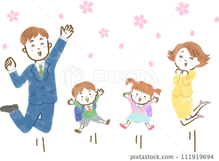 Hand-drawn illustration of a family jumping at the entrance ceremony during a cherry blossom blizzard Hand-drawn illustration of a family jumping at the entrance ceremony during a cherry blossom blizzard 111919694