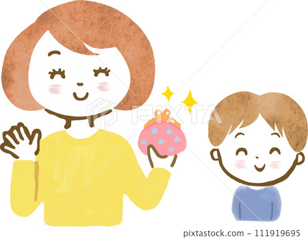 手繪插圖，展示了一對母親和孩子的上半身，他們有一個育兒袋，並對孩子的零用錢感到滿意。 111919695