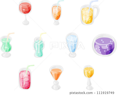 Refreshing and colorful juice icon set with unique glasses and flavors 111919749