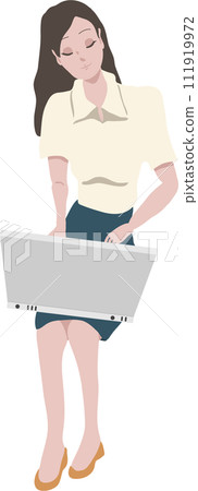 A woman operating a PC on her lap A woman operating a PC on her lap 111919972