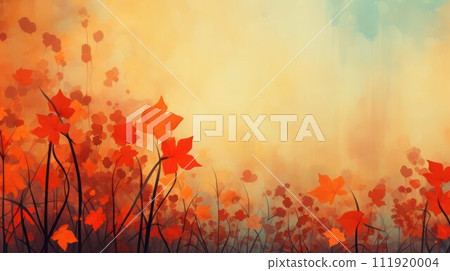 AI-generated content. Atmospheric abstract autumn backgrounds with orange maple leaves, copy space. 111920004