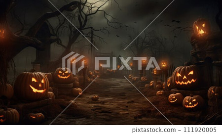 AI-generated content. Halloween night. Pumpkin faces among black gloomy trees behind the fence of the old cemetery under a full Moon. AI-generated content. Halloween night. Pumpkin faces among black gloomy trees behind the fence of the old cemetery under a full Moon. 111920005
