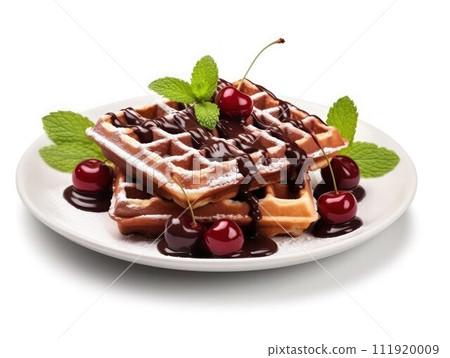 AI-generated content. Delicious Viennese waffles with cherry, chocolate and mint on white plate, isolated on white, close-up. 111920009