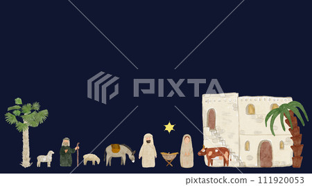 Watercolor Christmas nativity scene border on dark blue background Watercolor Christmas nativity scene border on dark blue background 111920053