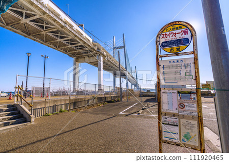 Japan's Yokohama cityscape overlooking Yokohama Bay Bridge, Sky Lounge, parking lot, etc. from "Skywalk-mae" 111920465