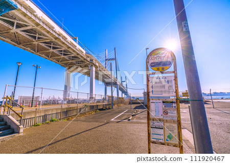 Japan's Yokohama cityscape overlooking Yokohama Bay Bridge, Sky Lounge, parking lot, etc. from "Skywalk-mae" 111920467