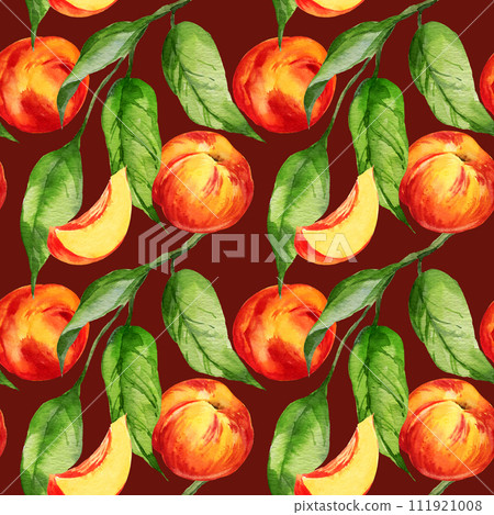 watercolor seamless pattern with illustration of summer fruit, peach or apricot, nectarine on a branches with green leaves, sketch of sweet food on brown background watercolor seamless pattern with illustration of summer fruit, peach or apricot, nectarine on a branches with green leaves, sketch of sweet food on brown background 111921008
