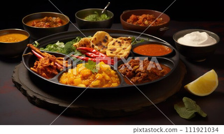 AI-generated content. Compartmental dish with Indian traditional thali. Set with rice, chapati, dhal, kichari, curry in bowls next to it on a wooden stand, close-up. 111921034