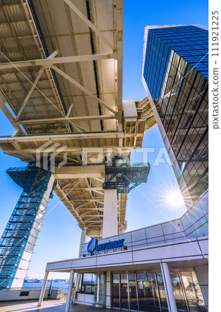 Yokohama cityscape in Japan View of the Sky Tower entrance and exit leading to the Yokohama Bay Bridge Skywalk 111921225