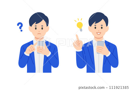A set of business people looking at their smartphones and having doubts/posing inspiration poses [People vector illustration material] 111921385