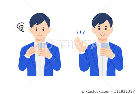 A set of business people looking at their smartphones and worrying and doing OK poses [People vector illustration material] 111921387