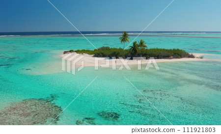 Travel concept background - small tropical island in turquoise water coral reef sea. Perfect sand beach, palm tree, crystal water. Travel written on sand, woman waving hands. Aerial drone flight 111921803