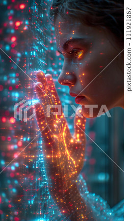 Networking connect technology abstract concept. Hand of touching futuristic network connection, internet, innovation, and technology. Networking connect technology abstract concept. Hand of touching futuristic network connection, internet, innovation, and technology. 111921867