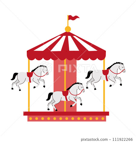 A cute illustration of a merry go round. A carousel with three white horses. 111922266