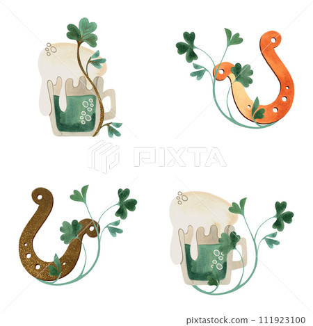 Set of illustrations for St. Patrick's Day. Compositions for postcards and Irish holiday decorations. Isolated watercolor illustration on white background. 111923100