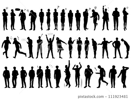 A large set of silhouettes of businessmen, office workers, businesswomen, and office ladies in business scenes 111923481