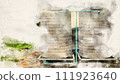 Artificial painting of gray water tanks on the metal frame pads 111923640