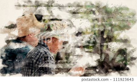 Artificial painting of Asian boy exploring animals birds fish in a local park 111923643