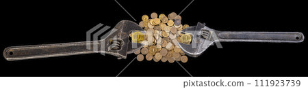 Allegory of the global financial crisis - Iron 10 rubles coin (written ten rubles, Bank of Russia in the Russian) in the grip of economic crisis, on a black background. Finance and business concept 111923739