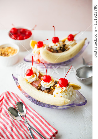 banana split with cherries and nuts banana split with cherries and nuts 111923790