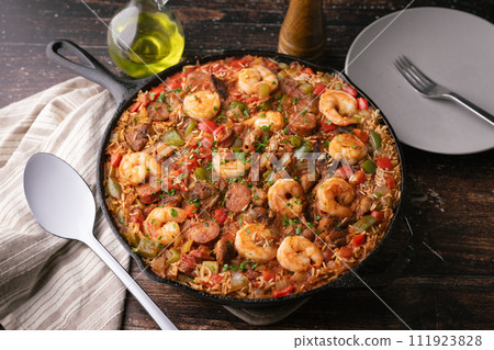 shirimp and sausage jambalaya, traditional lousiana food shirimp and sausage jambalaya, traditional lousiana food 111923828