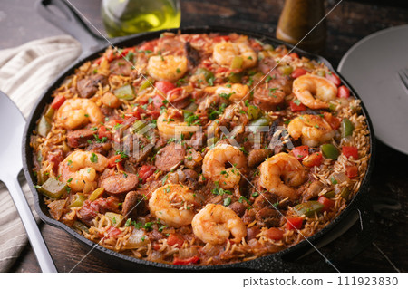 shirimp and sausage jambalaya, traditional lousiana food 111923830