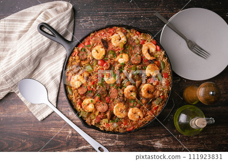 shirimp and sausage jambalaya, traditional lousiana food shirimp and sausage jambalaya, traditional lousiana food 111923831