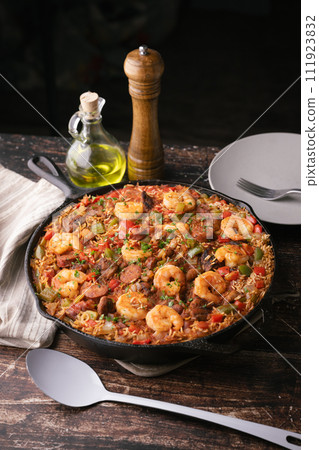 shirimp and sausage jambalaya, traditional lousiana food shirimp and sausage jambalaya, traditional lousiana food 111923832