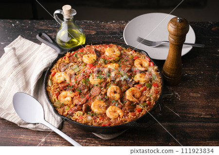 shirimp and sausage jambalaya, traditional lousiana food shirimp and sausage jambalaya, traditional lousiana food 111923834