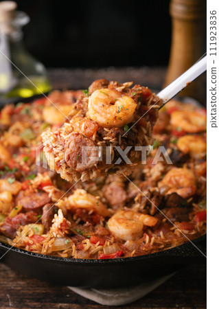 shirimp and sausage jambalaya, traditional lousiana food shirimp and sausage jambalaya, traditional lousiana food 111923836
