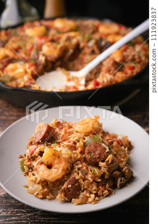 shirimp and sausage jambalaya, traditional lousiana food shirimp and sausage jambalaya, traditional lousiana food 111923837