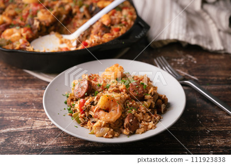 shirimp and sausage jambalaya, traditional lousiana food shirimp and sausage jambalaya, traditional lousiana food 111923838
