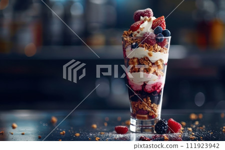 Luscious close up of a summer berry parfait layers of yogurt granola and fruits in a tall glass 111923942