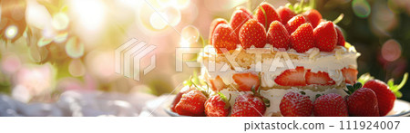Delectable homemade strawberry shortcake in a summer setting close up on layers of freshness and flavor Delectable homemade strawberry shortcake in a summer setting close up on layers of freshness and flavor 111924007