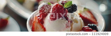 Delectable homemade strawberry shortcake in a summer setting close up on layers of freshness and flavor Delectable homemade strawberry shortcake in a summer setting close up on layers of freshness and flavor 111924009